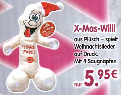 X-Mas-Willi aus Plüsch - spielt Weihnachtslieder auf Druck. Mit 4 Saugnäpfen. nur 5,95€