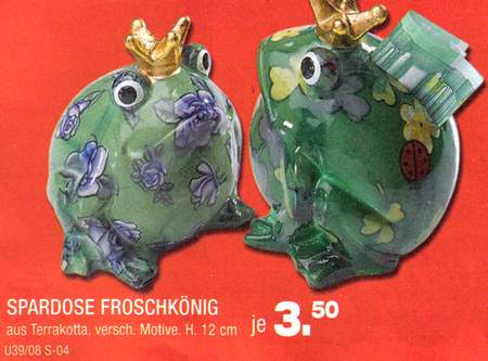 Spardose Froschkönig - aus Terrakotta, versch. Motive, Höhe 12 cm - je 3,50 Euro